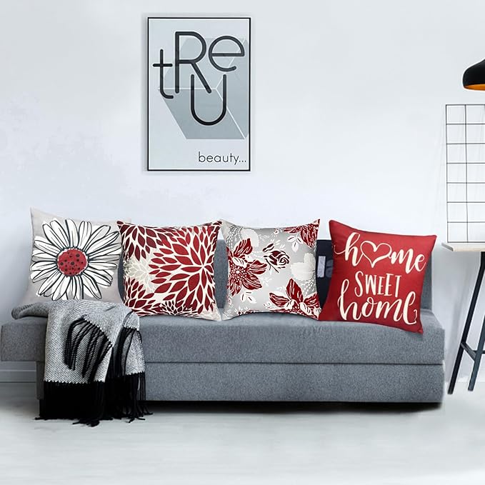 Decorative Throw Pillow Covers Set of 4 Wine Red Pillow Covers 20x20 inch Throw Pillow Cases Linen Square Pillow Case,Farmhouse Outdoor Modern Pillow Covers for Couch Sofa Living Room
