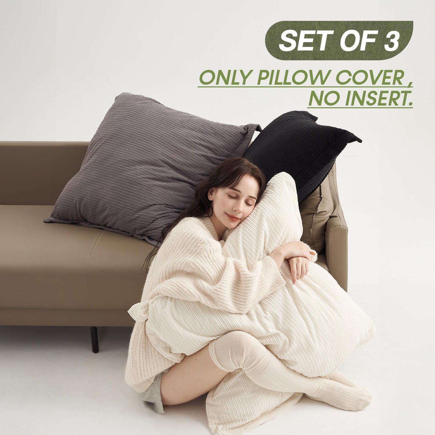 Set of 3 Corduroy Ultra Large Pillow Covers 28x28inch, Super Soft-Touch Boho Vintage Earth Tones Cushion Cases for Sofa, Living Room, Bedroom, Office,Game Home（Black,White,Grey）