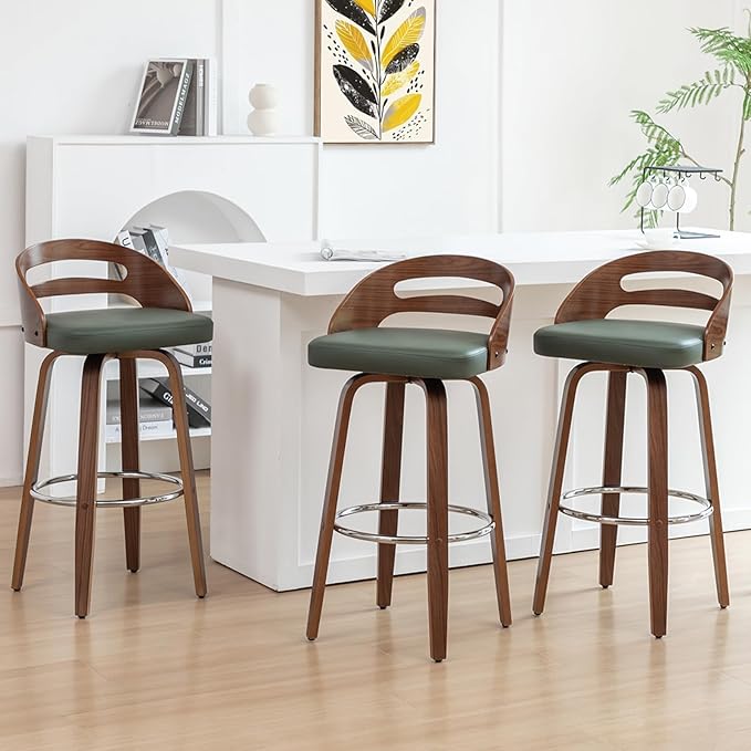 Counter Stools Set of 3, Counter Height Bar Stools with Walnut Crafts, Bentwood Curved Back, Upholstered Faux Leather, Soft Cushion Seat, Swivel Counter Chairs for Island/Pub (Green, 26" Seat Height)