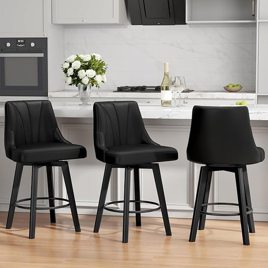Counter Height Swivel Bar Stool, 24" Upholstered PU Leather Barstools Set of 3, Counter Stool Chair with Back & Solid Wood Legs for Kitchen Island Dining Room (Black)