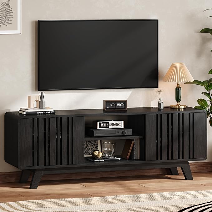 ONBRILL 63-Inch TV Stand for TVs up to 75 Inch, Mid-Century Modern Television Stand with Power Outlet， Entertainment Center with Sliding Grille Door Cabinets and Open Shelves for Living Room, Black