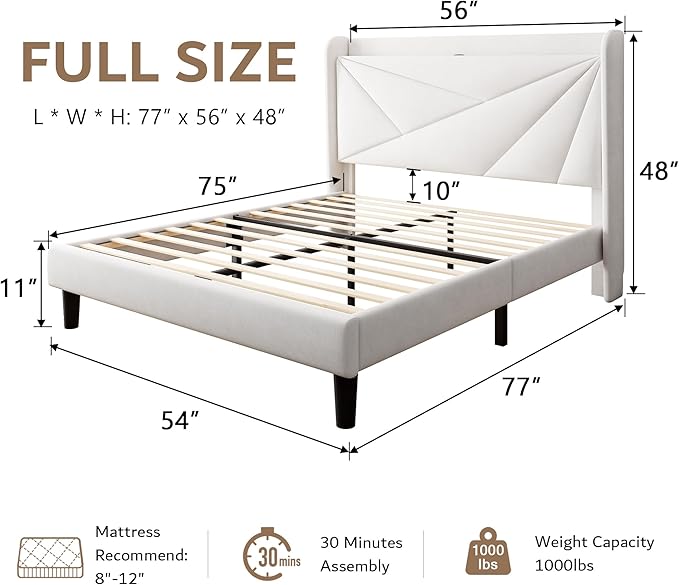 iPormis Full Size Bed Frame with Charging Station, Velvet Platform Bed Frame with Wingback Upholstered Headboard, Solid Wood Slats Support, No Box Spring Needed, Easy Assembly, White