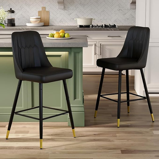 Black Bar Stools Set of 2,27" Counter Height Bar Stools Set of 2,Faux Leather Counter Stools with Soft Padded Seat & Curved Backrest,Modern Kitchen Island Chairs for Dining Café