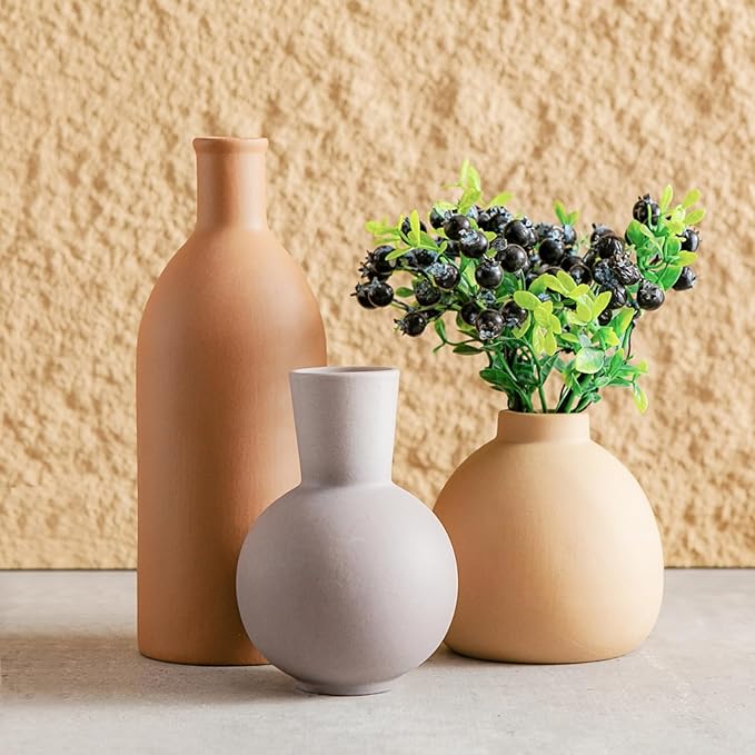 Ceramic Flower Vase Set of 3, Home Decor Vases for Centerpieces, Tulips Flowers Pampas Grass Decor, Boho Rustic Farmhouse Kitchen Bedroom Bathroom Living Room Office Wall Decor Aesthetic -Brown