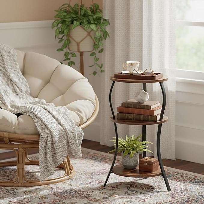 Vintage Small Round Side Table, 3-Tier Slim Waist Circular End Table with Storage Shelf, Compact Tea Sofa Table, Round Corner Coffee Table Nightstand for Living Room Bedroom Small Spaces,Rustic Brown