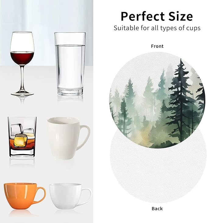 Forest Pine Trees Coasters Set of 6 Coasters for Drinks Absorbent Double-Sided Leather PVC Coaster for Tabletop Protection Coffee Table Decor Ideal for Home Decor House Warming Gifts