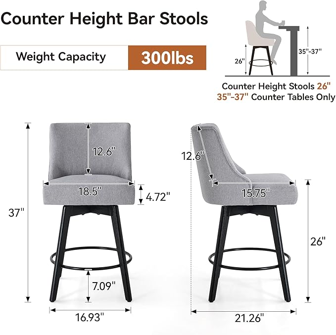 Vipbear Counter Height Bar Stools Set of 4, 26" H Swivel Bar Stools with Backs, Linen Fabric Upholstered Bar Chairs with Solid Wood Legs for Kitchen Island, Dining Room, Home Bar, Light Grey