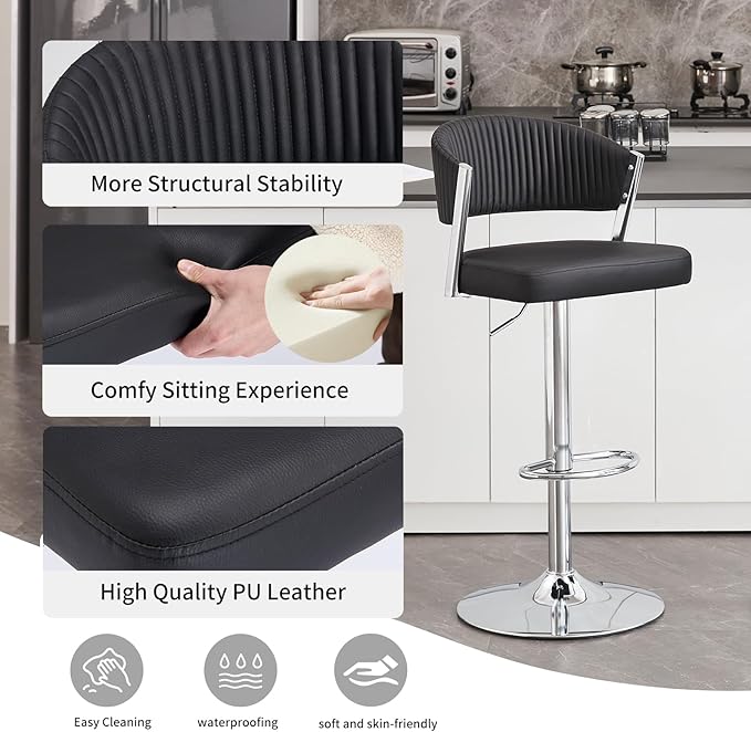 Bar Stools Set of 2, Adjustable Swivel Counter Height Bar Stools with Back and Footrest, PU Leather Bar Chairs for Kitchen Dining Room - Black