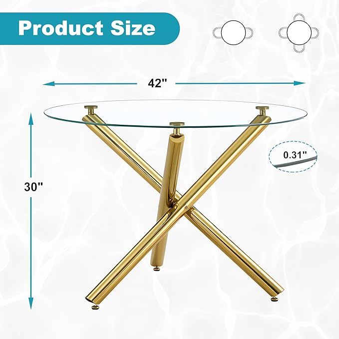 Kitchen Table Classic Dining Table for 4 Round Glass Dining Table 42" Kitchen & Dining Room Tables with Metal Legs and Glass Tabletop for Dining Room and Apartment, Gold