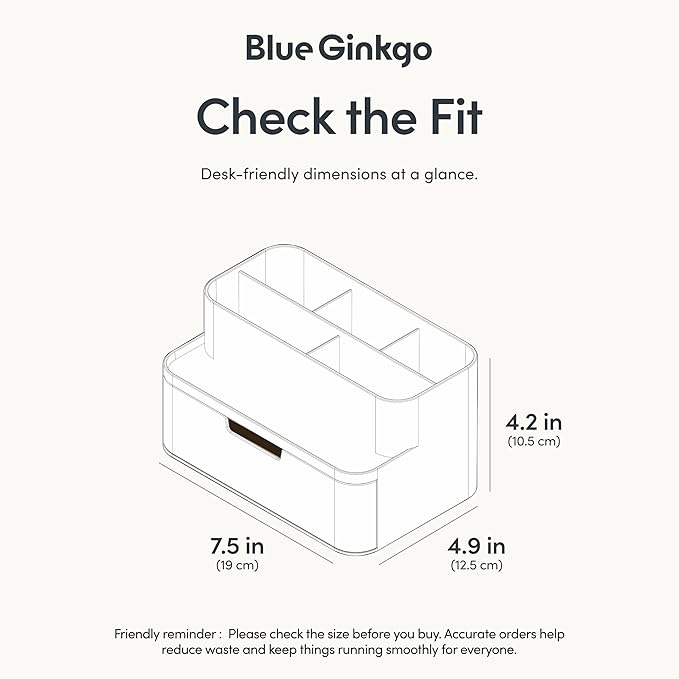 BLUE GINKGO Compact Desk Organizer – Small 5-Compartment, Half Drawer Storage – Pen Holder, Stationery Organizer for Desktop, Vanity, Shelf (Made in Korea, White)