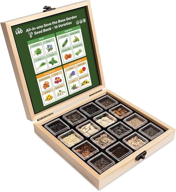 LUSH&DEW Save Bees Garden Seed Bank, Gardening Gift for Gardeners,16 Varieties NON-GMO Heirloom Pollinator-Friendly Flower Herb Seeds, Planting in Raised Beds Outdoors, Seed Kit, Milkweed Poppy Lupine