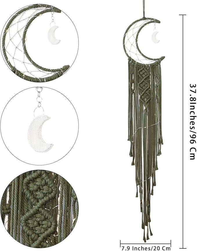 Olive Macrame Moon Dream Catcher, Boho Crescent Phase Woven Wall Hanging with Light, Handmade Unique Bohemian Nursery Decor with Star Ornament Decoration for Home Bedroom, for Girl Kids