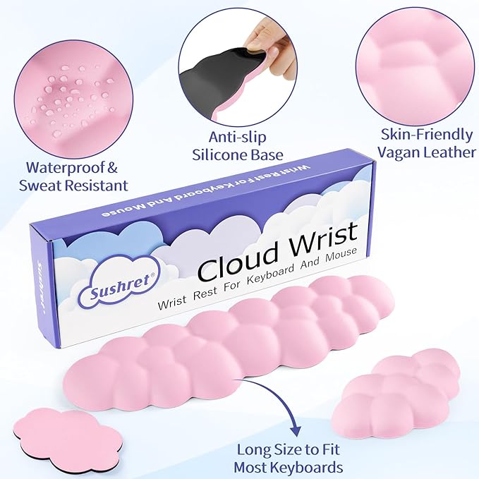 Cloud Wrist Rest Keyboard, Cloud Keyboard Wrist Pad Set with PU Leather Memory Foam, Cute Arm Rest for Palm Support, PC/Gaming Desk Accessories/Office Setup/Computer Hand Cushion - Pink