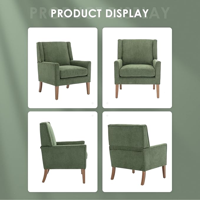 COLAMY Modern Wingback Living Room Chair Set of 2, Upholstered Fabric Accent Armchair, Single Sofa Chair with Lounge Seat and Wood Legs for Bedroom/Office/Reading Spaces, Green