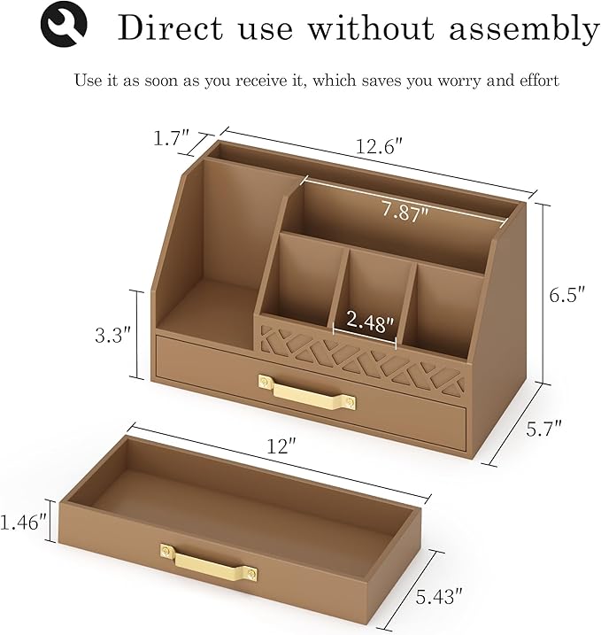 Bamboo Desk Organizer with Drawers, Mail Organizer Countertop Wood Desk Drawer Tabletop Storage Organization Pen Holder Letter Sorter Makeup Organizer for School Home Office (Brown)