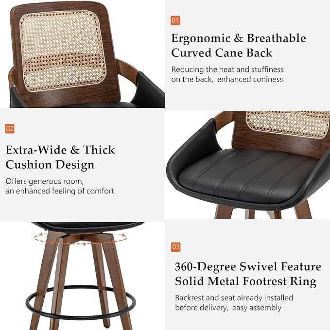 Mid Century Modern Counter Stools - 26.4 inch Swivel Rattan bar stools with Cane Back, Upholstered Faux Leather, Walnut Craftsmanship (Walnut Black, Set of 1)