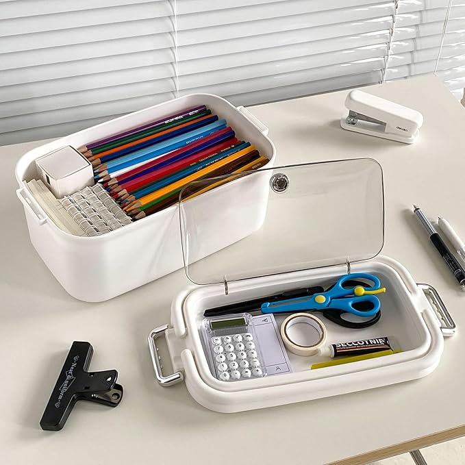 2 Pack Plastic Pencil Box with Lid, Plastic Large Home Office Supplies Storage Container for Desk, Marker Pen, Cards, Medicine, Crayons, School Stationery, White Art and Crafts Organizer