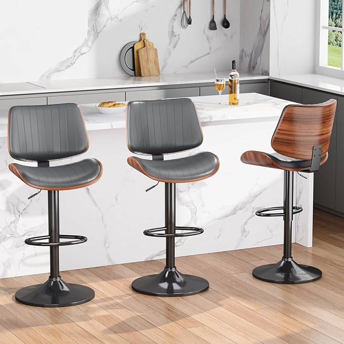 Swivel Bar Stools Set of 2, Adjustable Bentwood Barstools for Kitchen Counter, Modern PU Leather Upholstered Bar Chair with Back and Footrest, for Kitchen Island, Bar, Dining Room, Gray