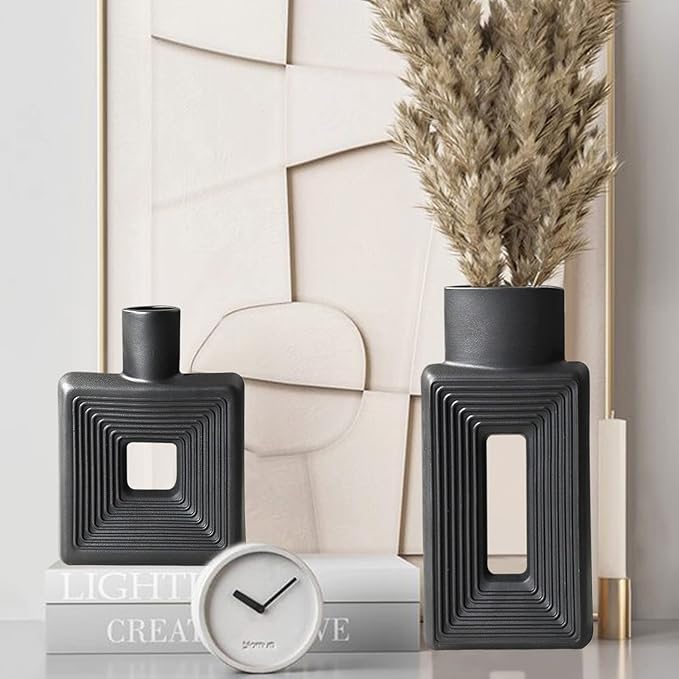 Black Ceramic Vase Set of 2，Square Vase Rustic Home Decor Minimalist Nordic Boho Style for Living Room, Shelf, Table, Bookshelf, Mantel and Entryway Decor Vases