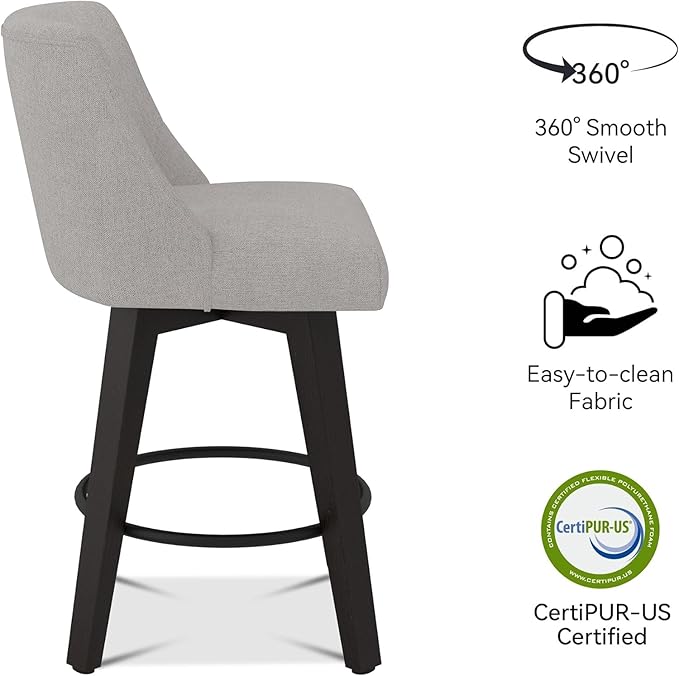 Counter Height Bar Stools Set of 2, 360°Swivel Upholstered Barstools with Back and Solid Wood Legs, 26" H Seat Height, Fabric in Fog Grey