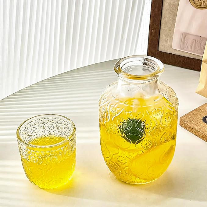 Vintage Bedside Water Carafe and Glass Set for Bedroom Nightstand, Bedside, Ticked Glass Mouthwash Decanter for Bathroom, Water Pitcher Set 18.5 oz