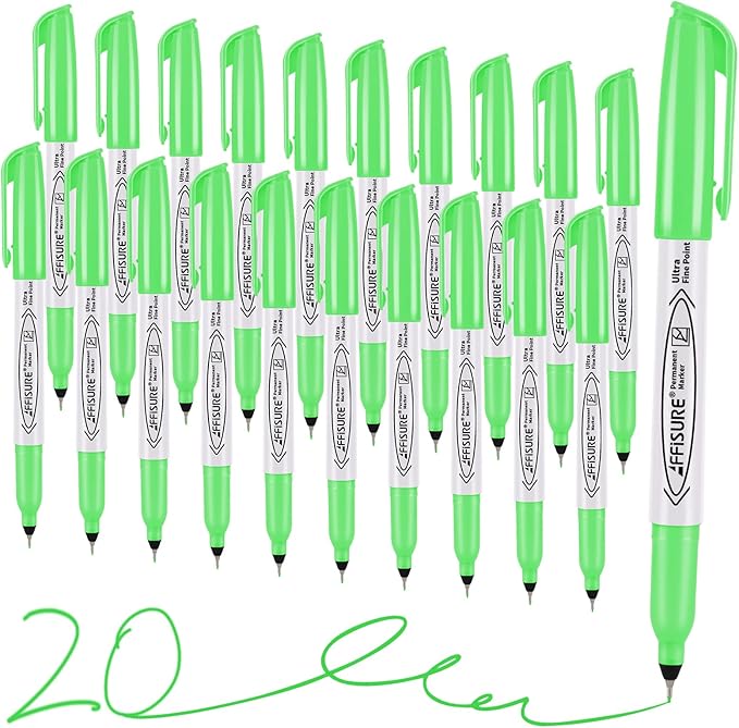 Green Ultra Fine Point Permanent Markers, 20 Pack, 0.4 mm, Precision Extra Fine Tip for Detailed Writing, Art, Crafts & Labeling on Paper, Plastic, Glass, Metal, Waterproof, Fade-Resistant Ink ﻿