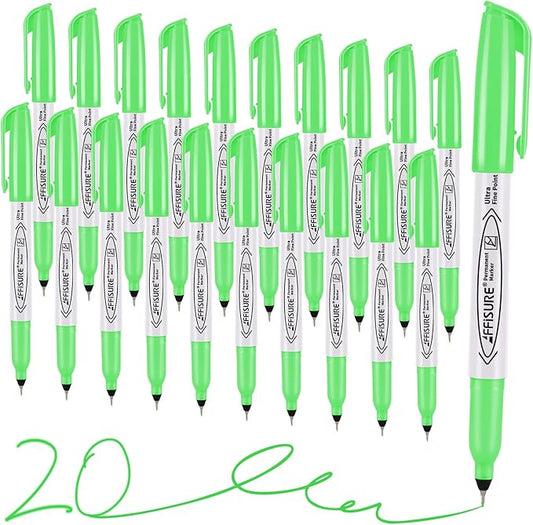 Green Ultra Fine Point Permanent Markers, 20 Pack, 0.4 mm, Precision Extra Fine Tip for Detailed Writing, Art, Crafts & Labeling on Paper, Plastic, Glass, Metal, Waterproof, Fade-Resistant Ink ﻿