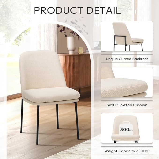 COLAMY Dining Chairs Set of 6, Fabric Upholstered Dining Room Chairs Dinner Chair Stylish Kitchen Chairs with Curved Back and Metal Legs, Beige