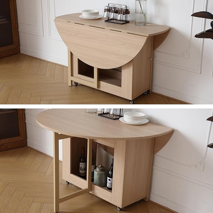 47.3" Round Folding Dining Table for 4-8, Wood Kitchen Foldable Dining Table Large Drop Leaf Dinner Table with Storage Shelf Metal Legs for Home Dining Room Living Room in Wood Color