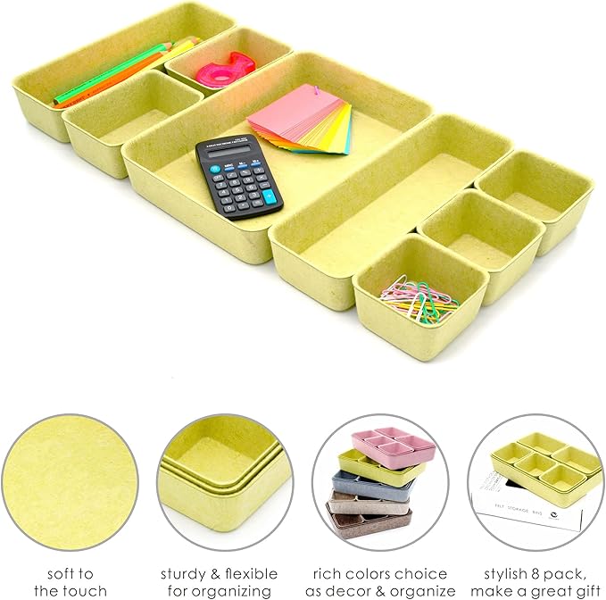 Welaxy Drawer organizers trays Felt storage bin home office Desk Minimalist Lifestyle Natural Shallow Box 8-Piece holiday gift solution (Linden green)