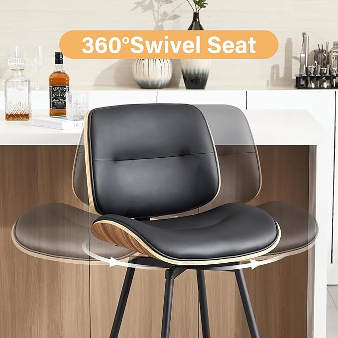 Mid Century Modern Counter Stools Set of 2, 27" Swivel Bar Stools with Metal Legs, Faux Leather Upholstered Bar Chairs with Footrest for Kitchen Island & Dining Tables, Black