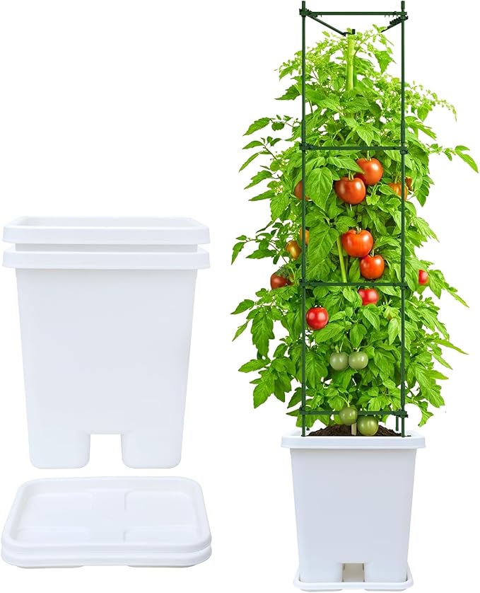 Growing Vegetable Planter Pot 3 Packs, 15 * 14.2 Inches Deep Rectangle Pots for Vegetable Fruit Flower, Large Planters with Trays, for Patio Garden Balcony Home Porch Yard Indoor Outdoor (White)