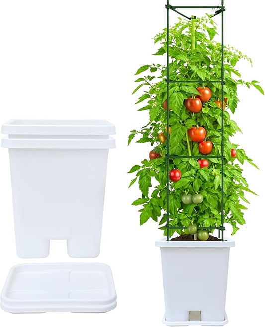 Growing Vegetable Planter Pot 3 Packs, 15 * 14.2 Inches Deep Rectangle Pots for Vegetable Fruit Flower, Large Planters with Trays, for Patio Garden Balcony Home Porch Yard Indoor Outdoor (White)
