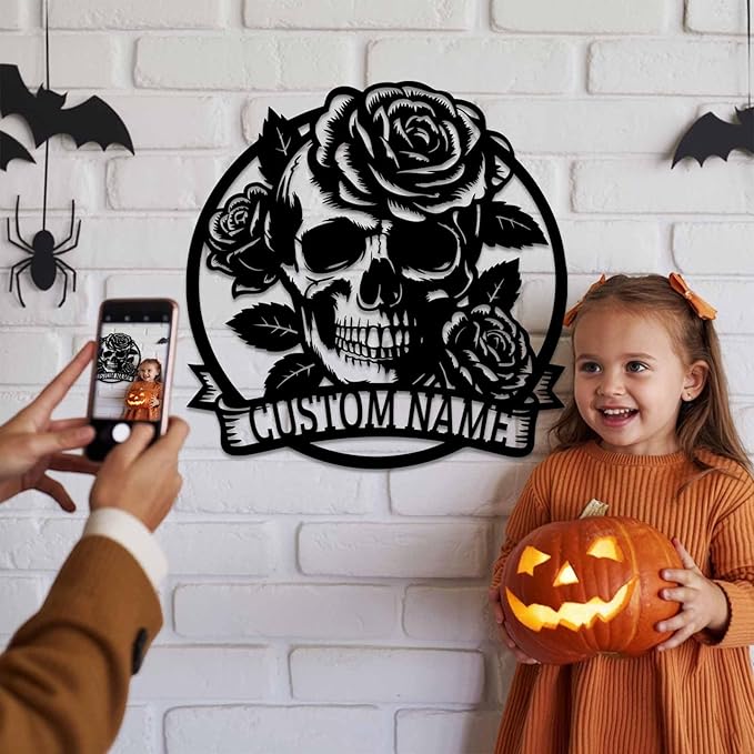 Personalized Skull and Rose Metal Sign, Custom Name Gothic Rose Decor for Garage, Man Cave, Motorcycle Club, Halloween Party, Custom Halloween Metal Wall Art, Spooky Skeleton Home Decor