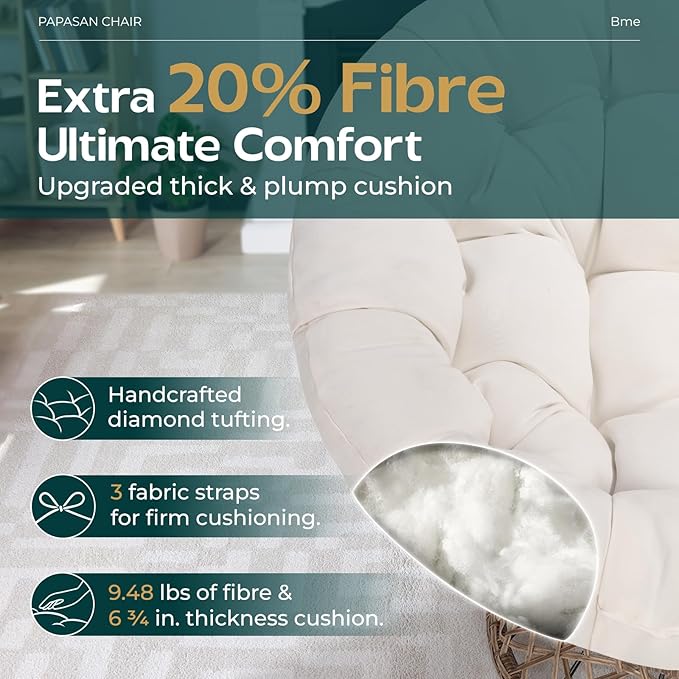 Bme 40" Ergonomic Wicker Papasan Chair with Soft Thick Cushion & Frame, 360° Swivel, Circle, Reading, Comfy Chair for Living Room, Bedroom