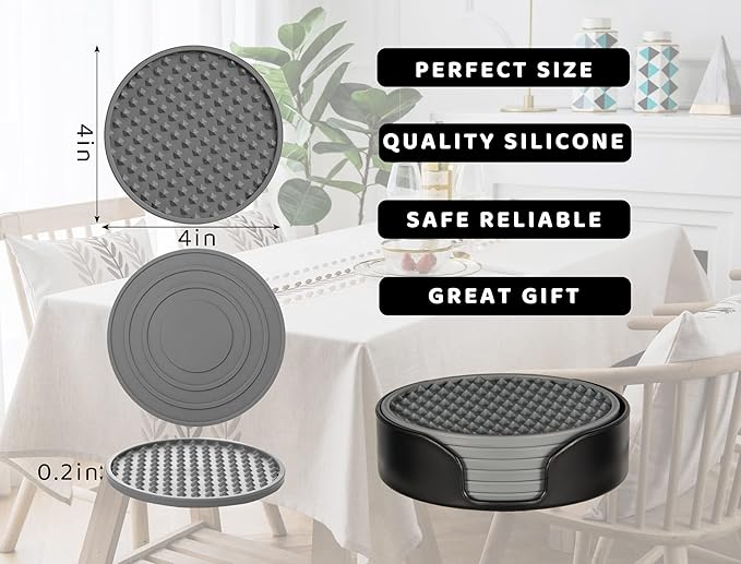 Coasters for Drinks 6 Pcs Drink Coaster with Holder,Heat Resistant Silicone Cup Mat Tabletop Protection,Non-Slip Rubber Coasters for Kinds of Cups (Grey)