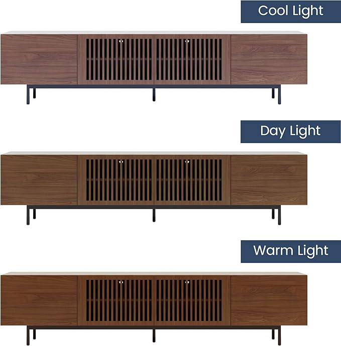 POVISON Mid Century Modern Sintered Stone TV Stand, Slatted Media Console TV Cabinet with Tall-cast Metal Legs, Fluted Entertainment Center with Storage, Fully-Assembled (Walnut, 94.49")