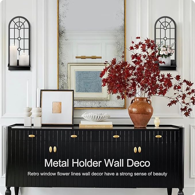Wall Candle Holder, Black Boho Metal Wall Art Decor, Bohemian Line Wall Candle Holder for Living Room, Dining Room, Bedroom, Bathroom (16.5 x 7 in)