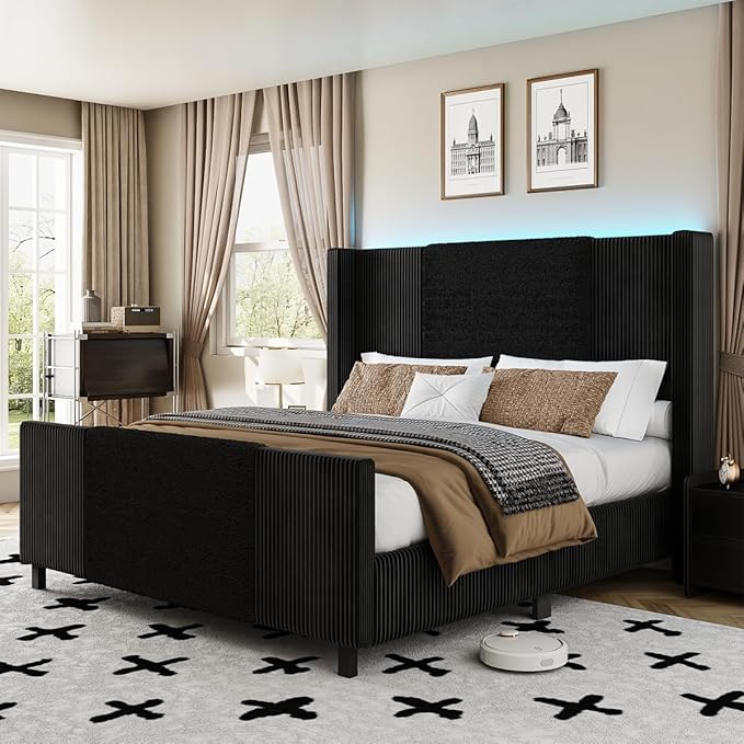 Queen Size Bed Frame with Tall Headboard and Footboard, Boucle and Corduroy Upholstered Bed Frame Queen with LED Lights, Modern Platform Bed Frames, Noiseless, Easy Assembly, Black