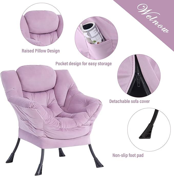 Welnow Lazy Chair with Ottoman, Modern Lounge Accent Chair with Armrests and a Side Pocket, Leisure Upholstered Sofa Armchair Set, Reading Armchair with Footrest for Small Space, Light Purple