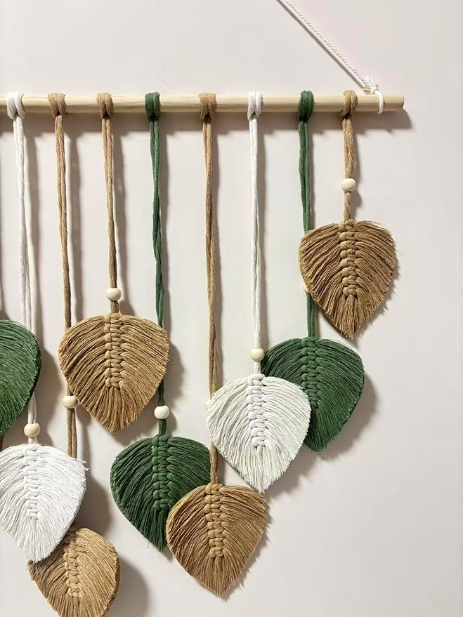 MSFENG Wall Hanging Decor Leaves Tapestry Boho Wall Decor Woven Feather Handmade Yarn Tassels Woven Wall Art Decorations for Nursery, Bedroom, Living Room, Apartment Home Backdrop (DeepGreen-M)