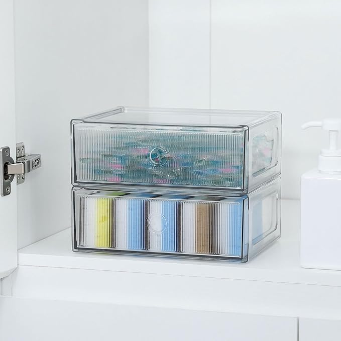 Clear Desk Organizers and Accessories, Plastic Drawer Storage Bins for Home Office Supplies, Marker Pen, Art Crafts, Makeup, Stackable Container for Bathroom, Cabinet, Pantry, 2 Drawers