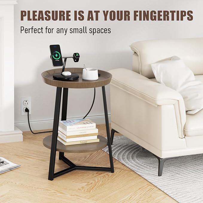 Gadroad Round End Table with Charging Station, USB Ports, Wood Tabletop & Black Metal Frame, 2-Tier Side Table for Living Room, Bedroom, Walnut Color 15.7 * 15.7 * 23.0inches