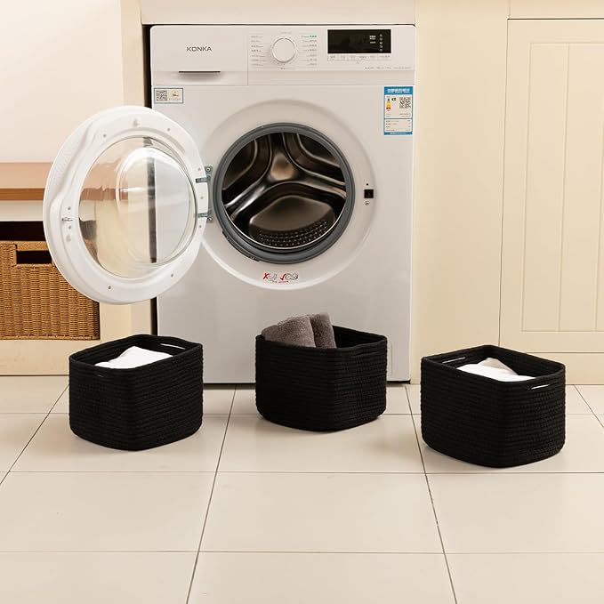 OIAHOMY 9”x9”x7” Storage Cubes, Cotton Rope Woven Baskets for Organizing, Cube Storage Bin, Small Gift Basket for Shelf, 3-Pack, Black