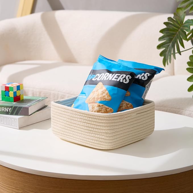 Small Square Shallow Baskets for Organizing, 9.7x9.7x4.3 Inch Rope Woven Storage Bins for Cubes Closet, Shelves Storage, Boho Decorative Basket, 2 Packs Beige