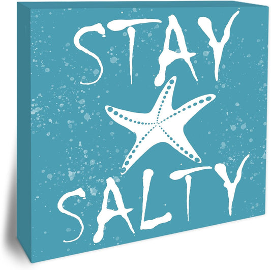 Stay Salty Wooden Block Plaque - Starfish & Summer Blue Tabletop Sign Decor For Friends Family Coworker - 5"x5" Office Room Home Wood Block - Funny Beach Desk Gifts Favors & Supplies - A04