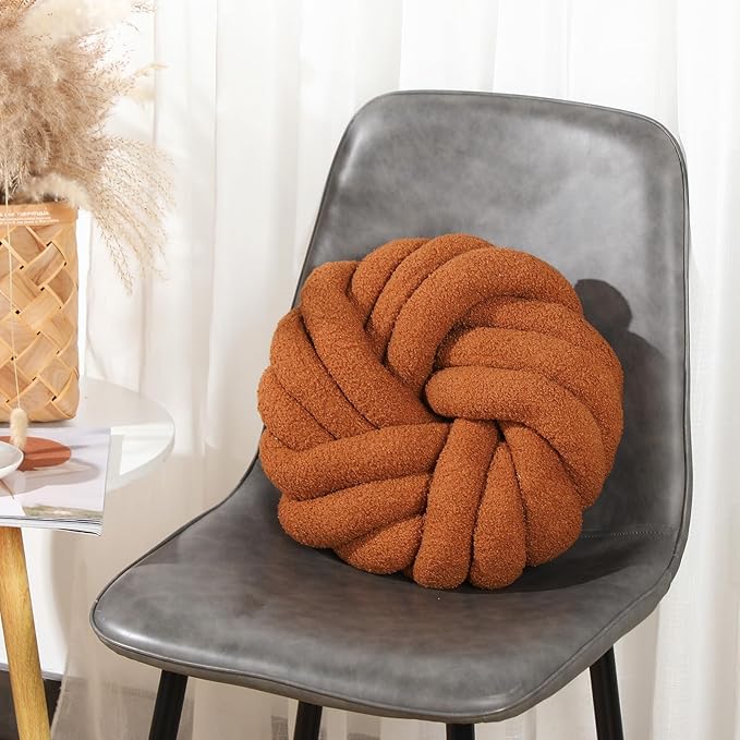 2 Pieces Knot Ball Pillows 14 x 14 Inch Decorative Pillow for Couch Bedroom Plush Throw Knot Pillow Soft Handmade Chair Cushion for Living Room Car Decorations (Caramel)