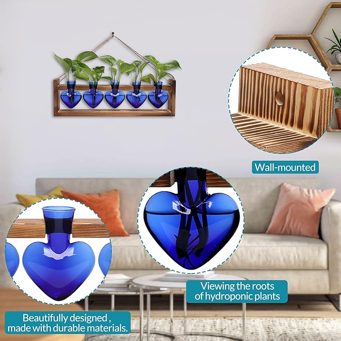 Plant Terrarium Hanging Propagation Stations Gift for Women Plant Lover air Plant Holder with Wooden Stand Heart Glass