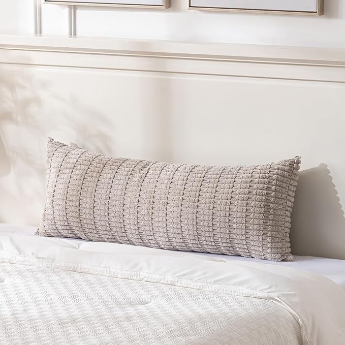 Fancy Homi 2 Packs Taupe Long Lumbar Decorative Throw Pillow Covers 14x36 Inch for Bed Couch Bed Sofa, Rustic Farmhouse Boho Room Decor, Soft Striped Corduroy Rectangle Cushion Case 35x91 cm