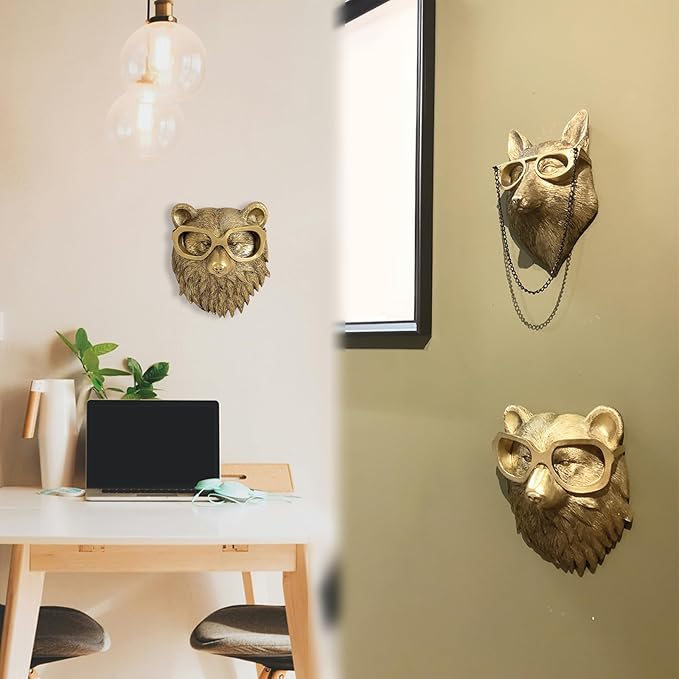 GUASDIE Animal Heads Wall Decor, Gold Vintage Decor Sculpture Resin Animal Head Wall Hanging Unique Art for Living Room, Bedroom, Kitchen, Gift, Home Decor, Bear